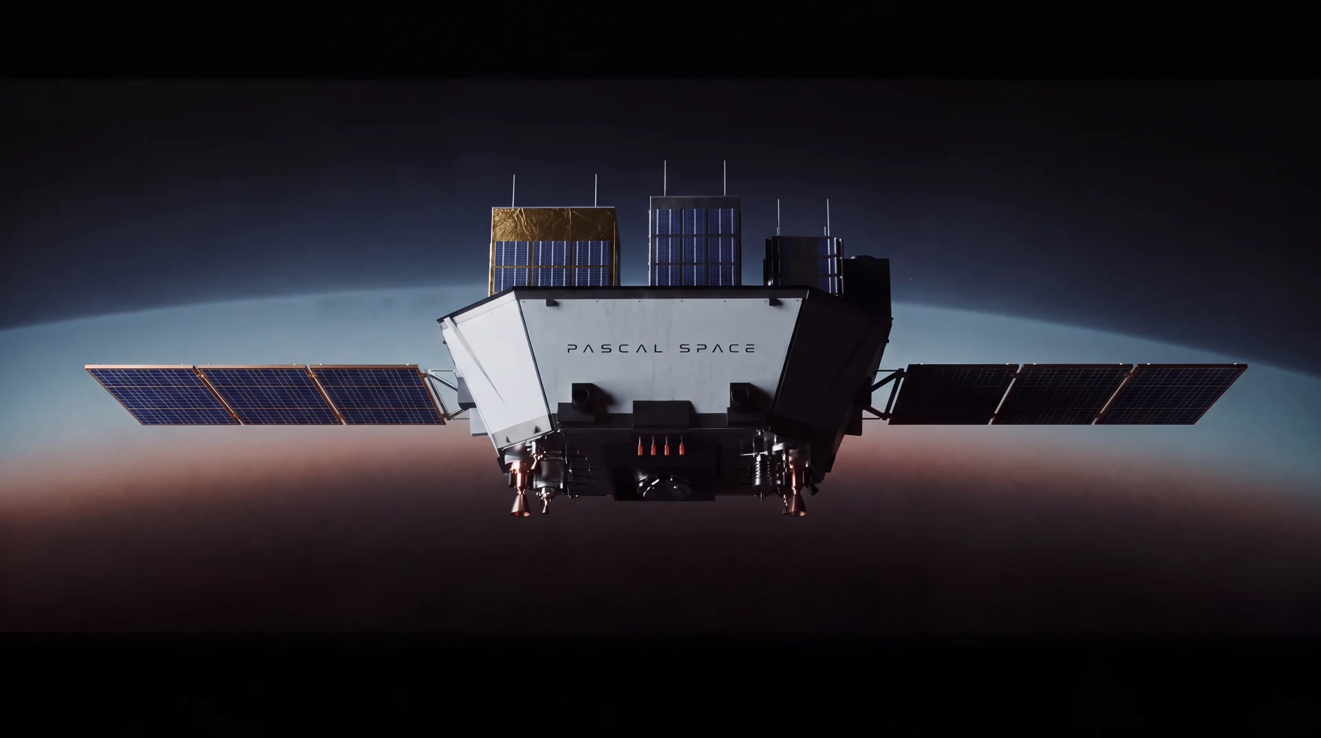 SAAR spacecraft concept illuminated above Earth, showing its front face and complete solar arrays